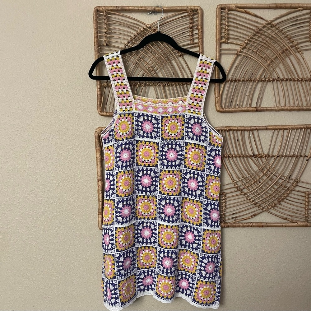 Petal Dew Multicolor Crochet Granny Square Mini Dress Boho Festival Sz S/M B22 - Picture 2 of 8